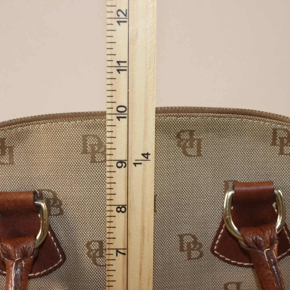 Dooney & Bourke Monogram Canvas Satchel Bag Tan Brown Leather Trim Dome Handbag
